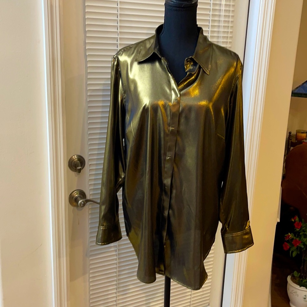 Lauren Plus Metallic Gold Button Down Hidden Plack Long Sleeve Shirt - 1X